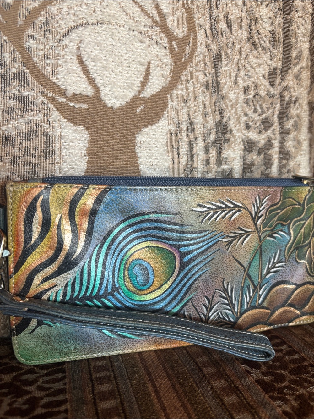 Hand-Painted Peacock Feather Leather Wallet Clutch - Teal & Brown